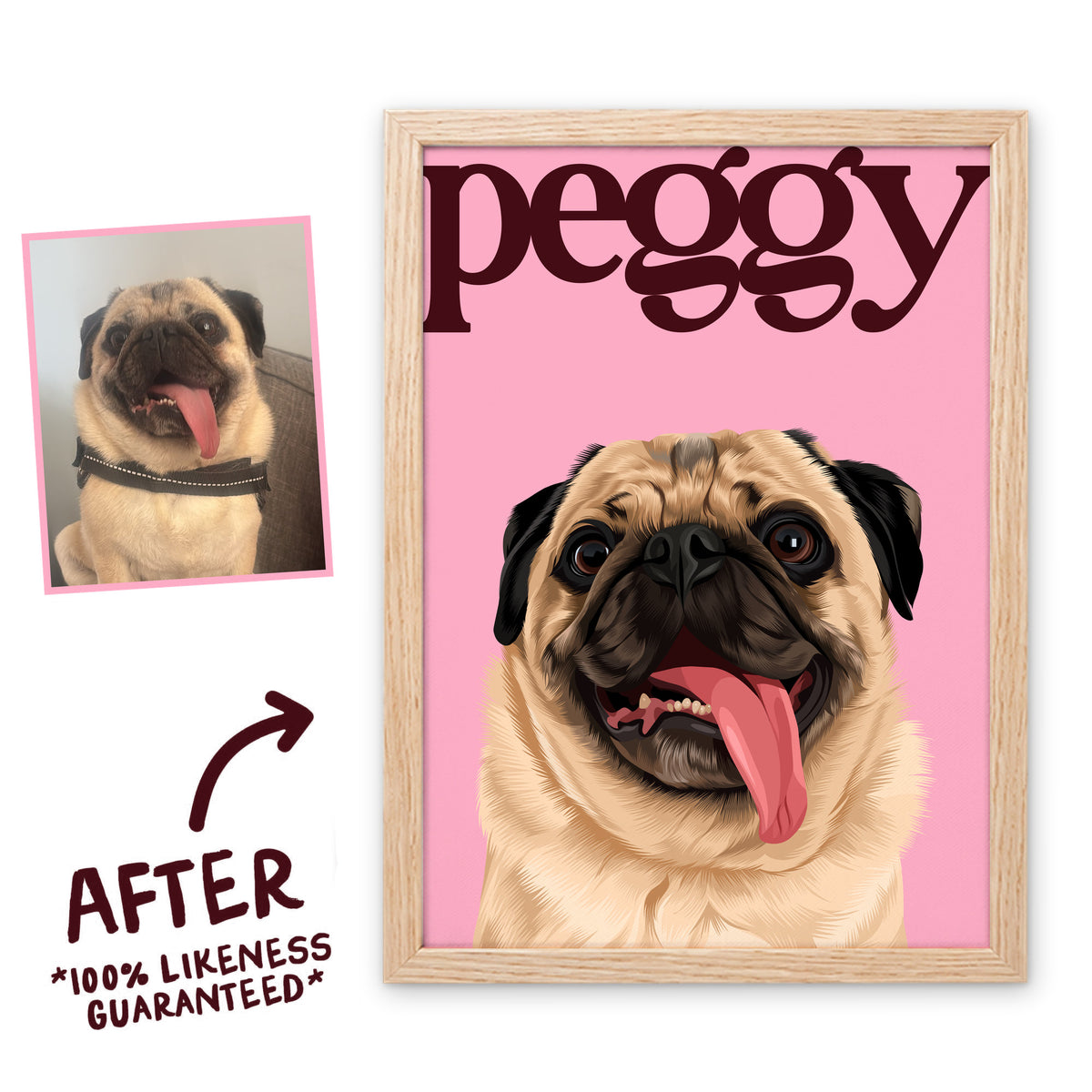 Pink & Burgundy Editorial pet portrait of Peggy in a light birch frame, before and after, 100% likeness guaranteed