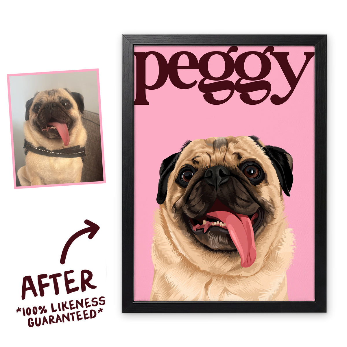 Pink & Burgundy Editorial pet portrait of Peggy in a black frame, before and after, 100% likeness guaranteed