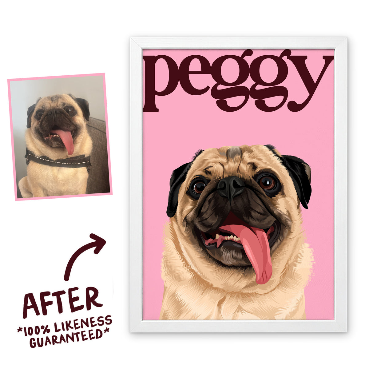 Pink & Burgundy Editorial pet portrait of Peggy in a white frame, before and after, 100% likeness guaranteed