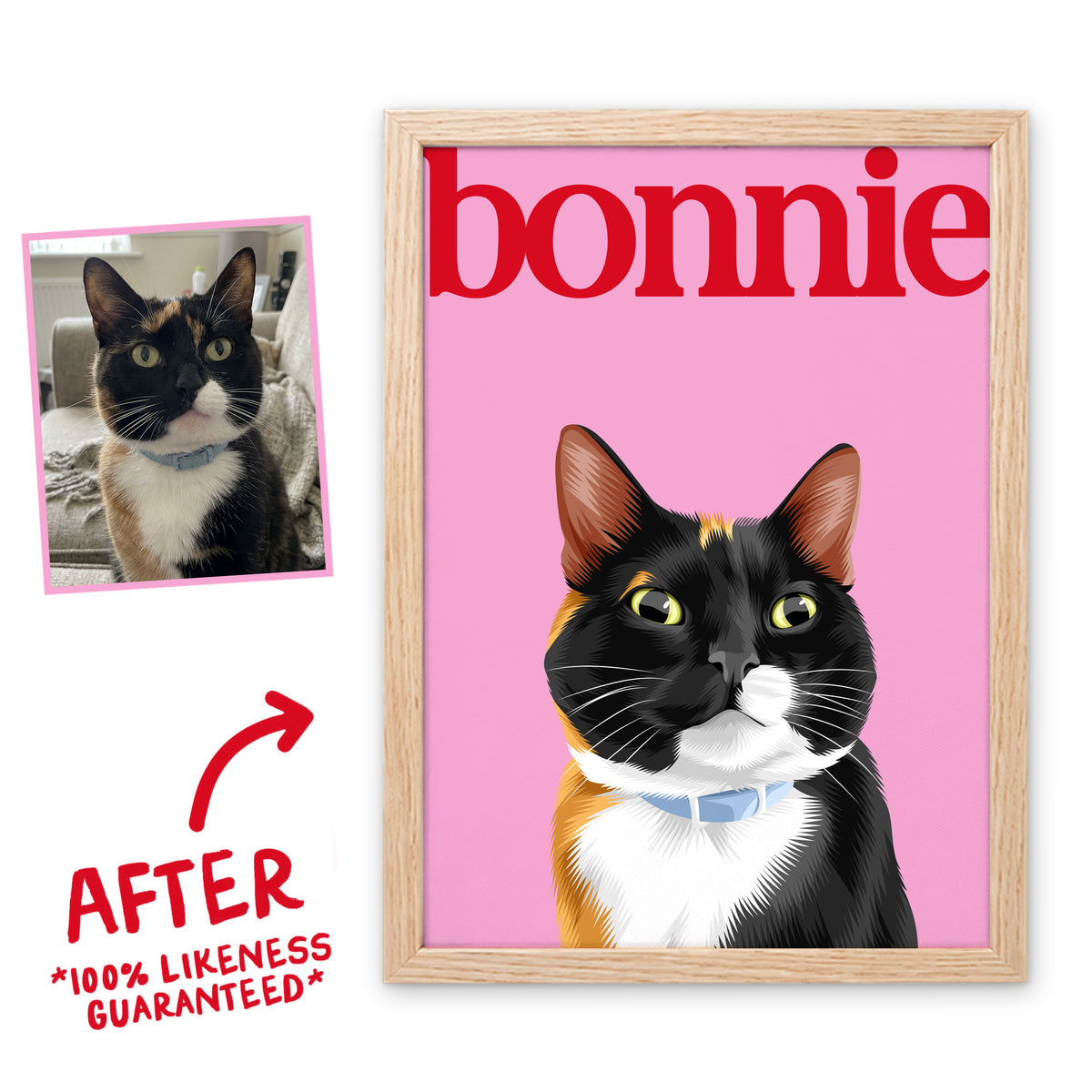 Pink & Red Editorial pet portrait of Bonnie the cat in a light birch frame, before and after, 100% likeness guaranteed