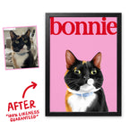 Pink & Red Editorial pet portrait of Bonnie the cat in a black frame, before and after, 100% likeness guaranteed
