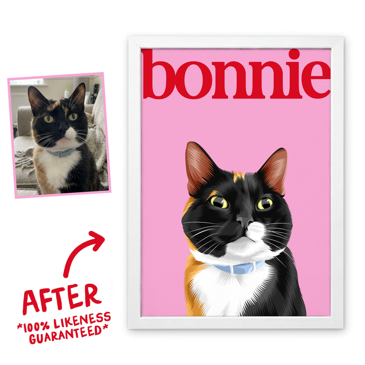Pink & Red Editorial pet portrait of Bonnie the cat in a white frame, before and after, 100% likeness guaranteed
