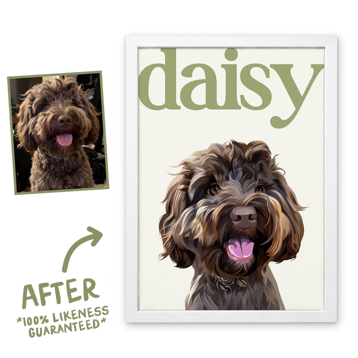 Sage & Cream Editorial pet portrait of Daisy in a white frame, before and after, 100% likeness guaranteed