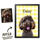 Lemon Yellow Gingham pet portrait of Daisy in a black frame, before and after, 100% likeness guaranteed