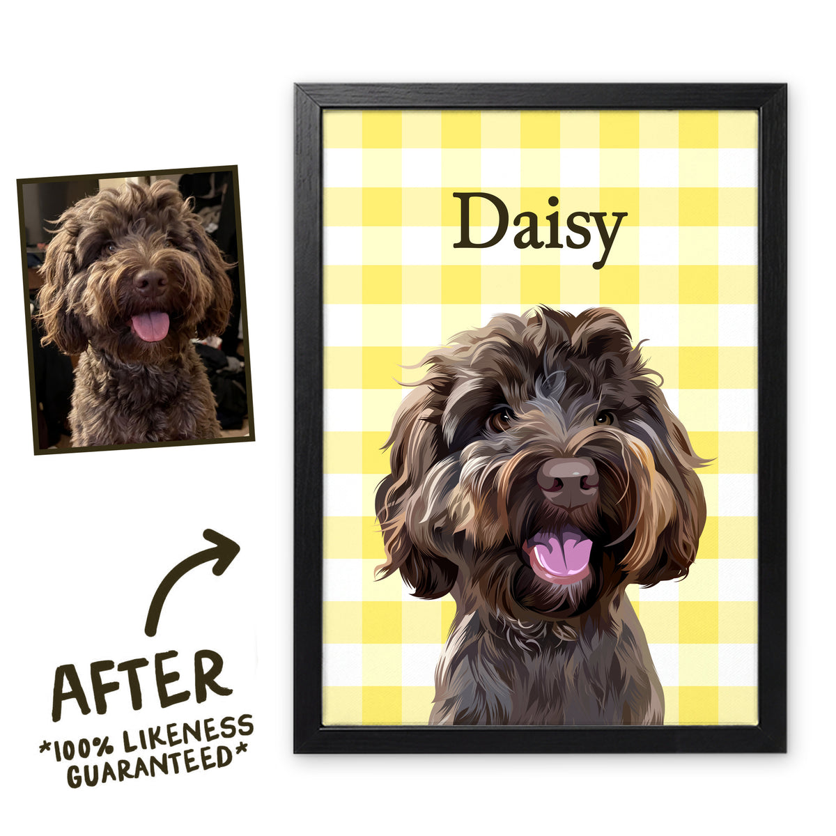 Lemon Yellow Gingham pet portrait of Daisy in a black frame, before and after, 100% likeness guaranteed