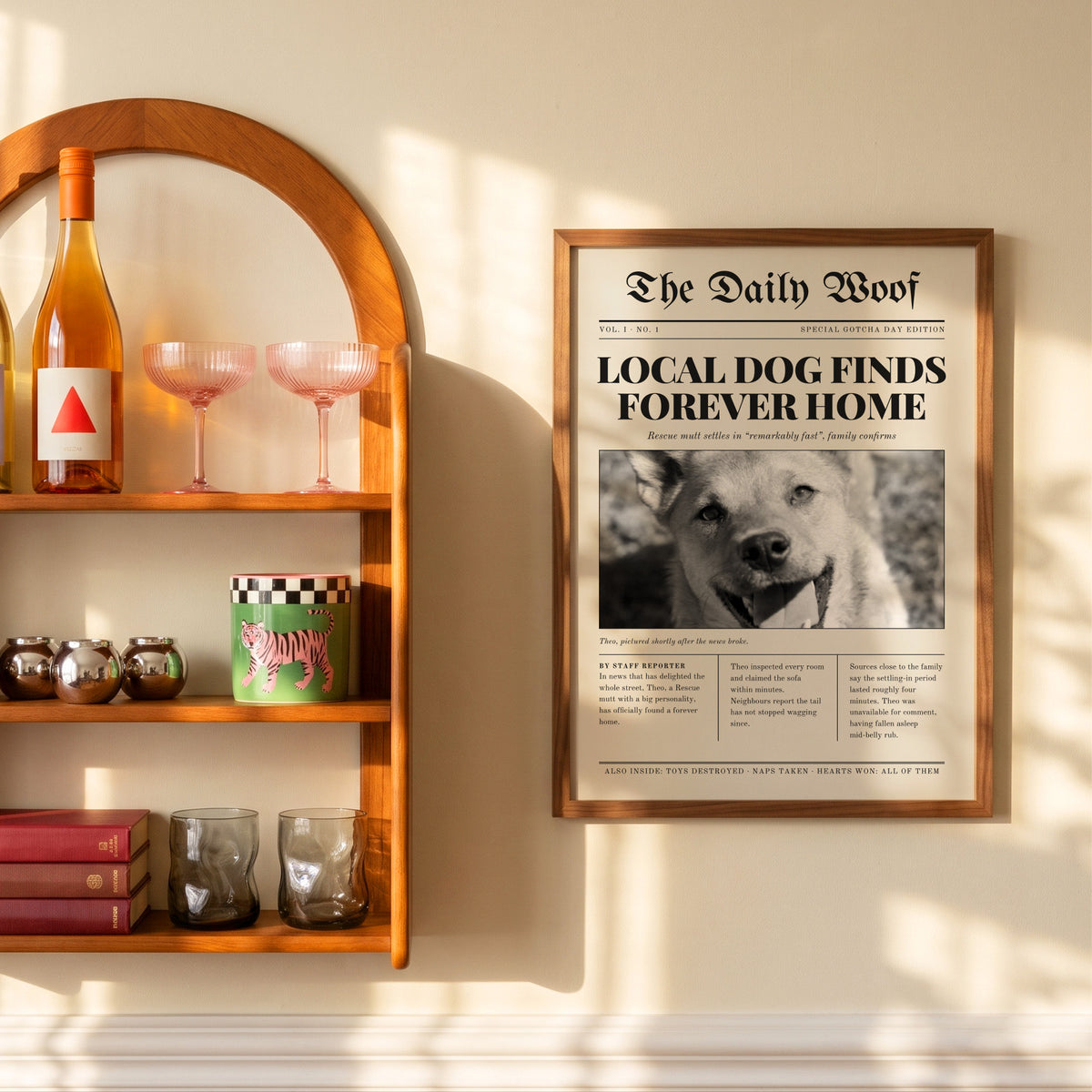 Gotcha Day custom pet newspaper print in a wooden frame on a sunlit wall beside a shelf, with an example photo