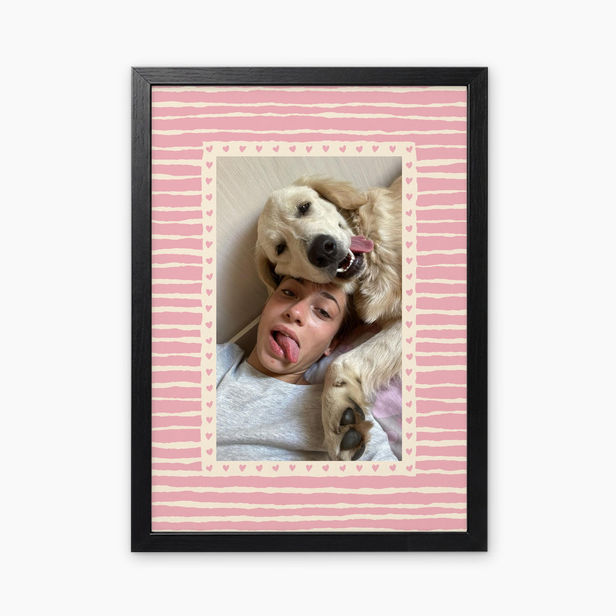 Hearts custom pet photo print in Blush Pink, in a black frame, with an example photo