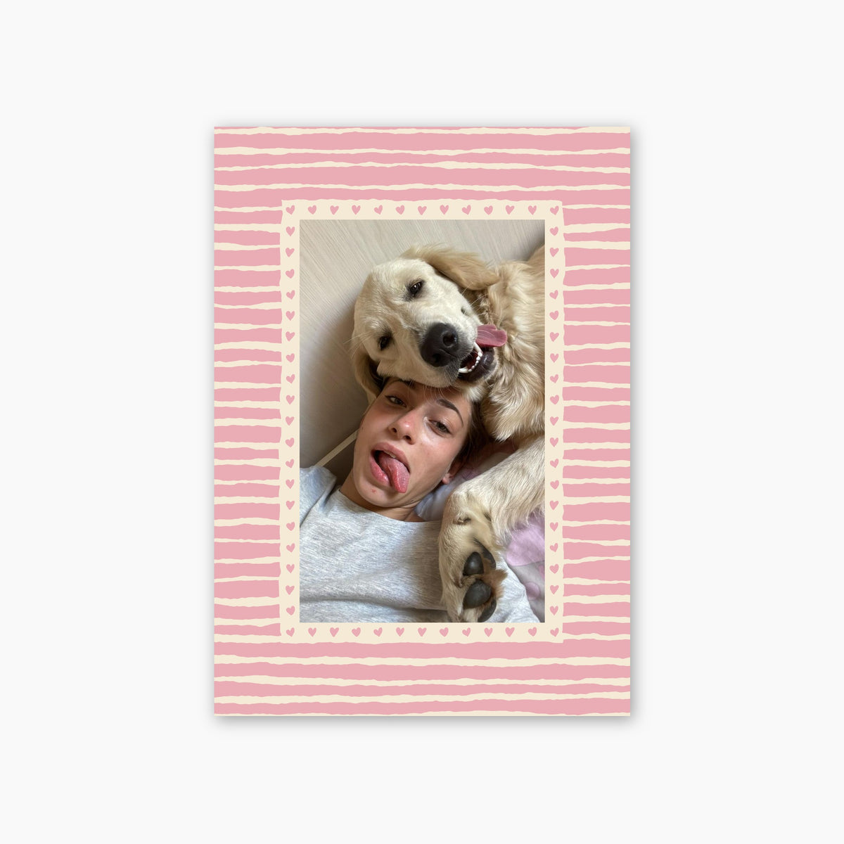 Hearts custom pet photo print in Blush Pink, unframed, with an example photo