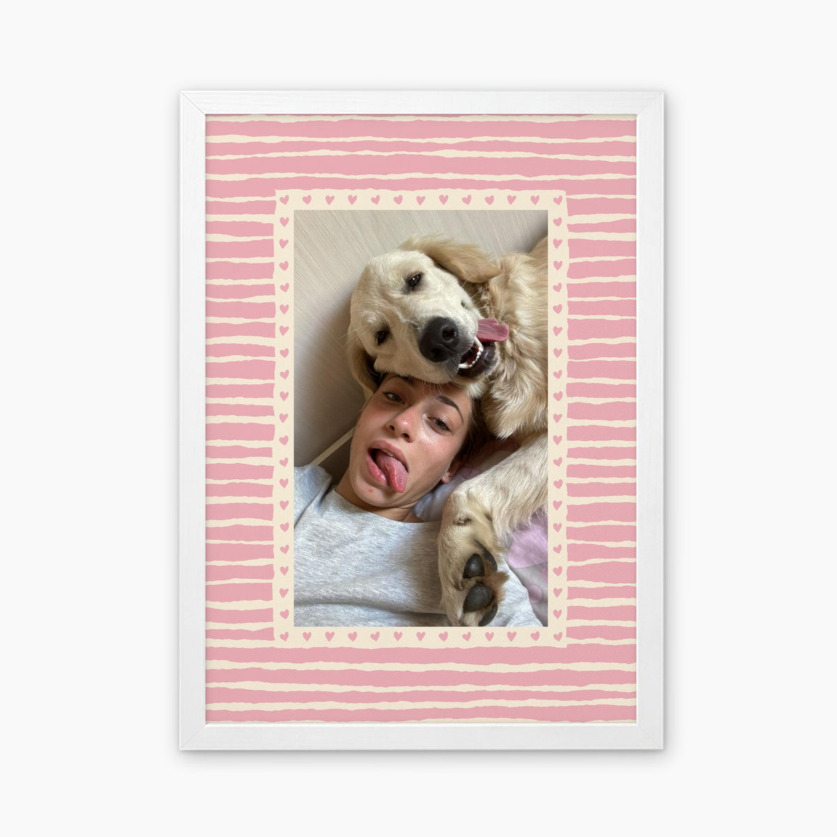 Hearts custom pet photo print in Blush Pink, in a white frame, with an example photo