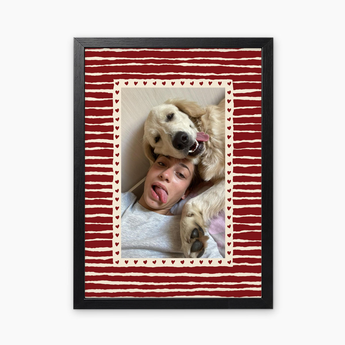 Hearts custom pet photo print in Cherry Red, in a black frame, with an example photo