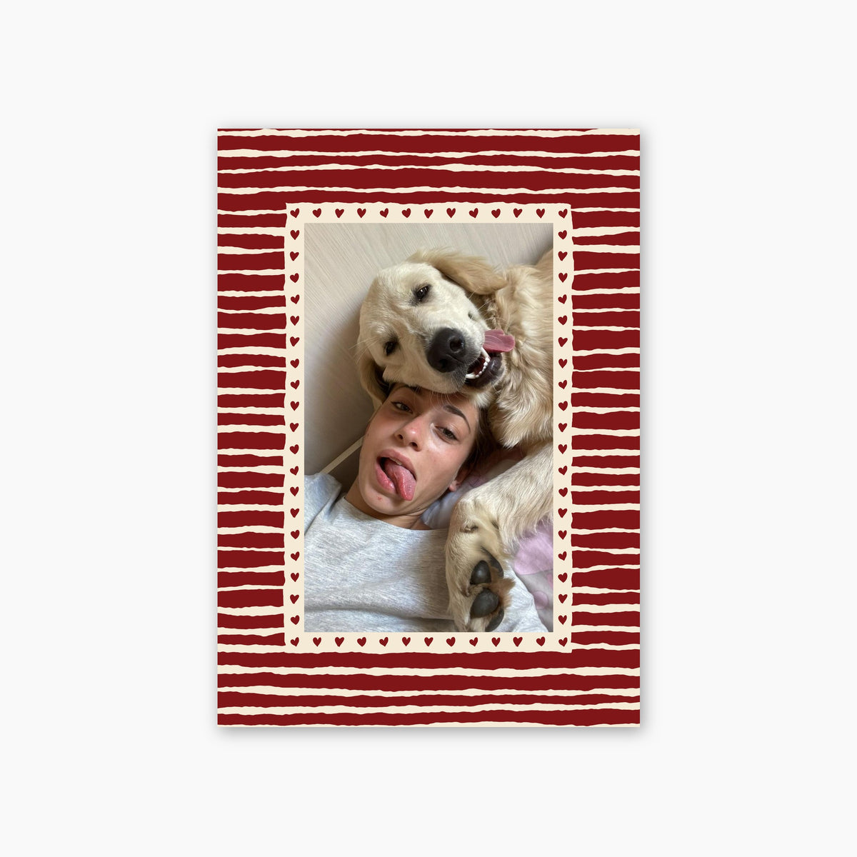 Hearts custom pet photo print in Cherry Red, unframed, with an example photo