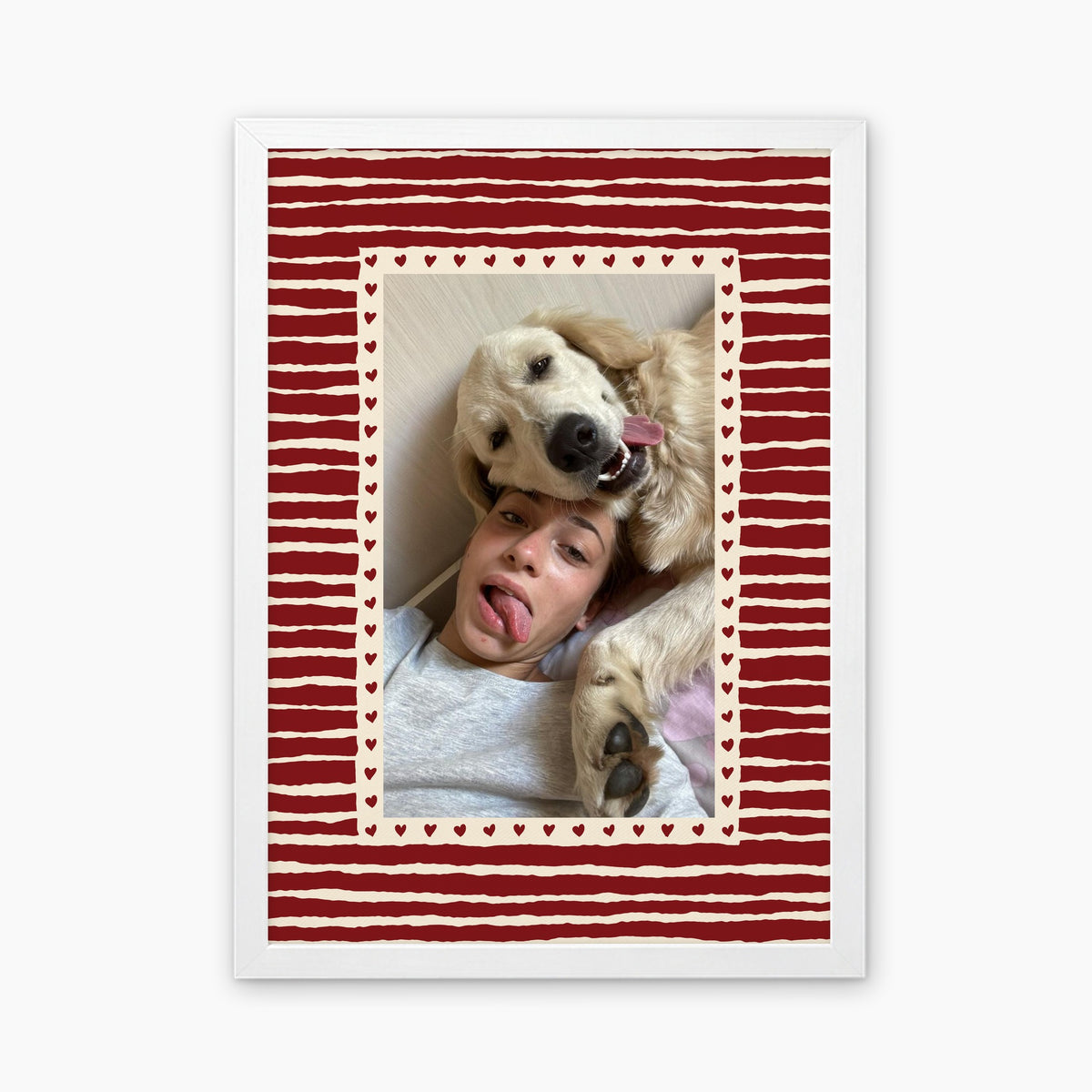 Hearts custom pet photo print in Cherry Red, in a white frame, with an example photo