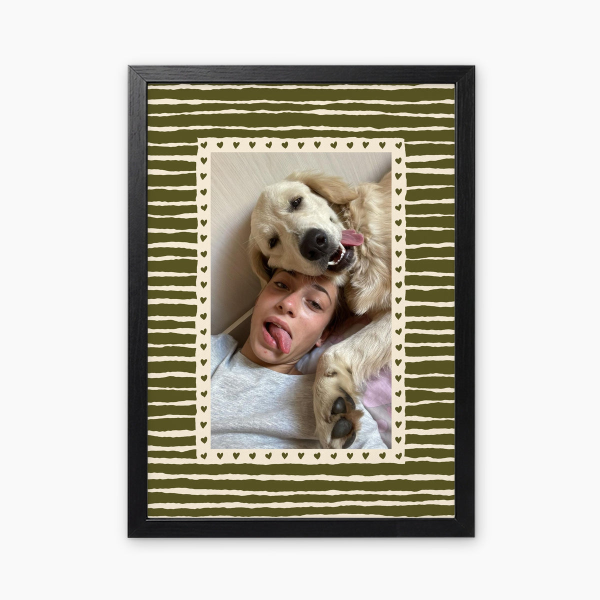 Hearts custom pet photo print in Olive Green, in a black frame, with an example photo