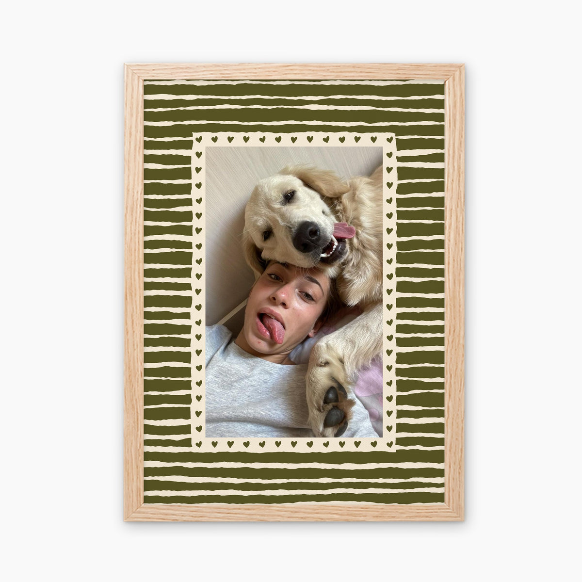 Hearts custom pet photo print in Olive Green, in a light birch wood frame, with an example photo