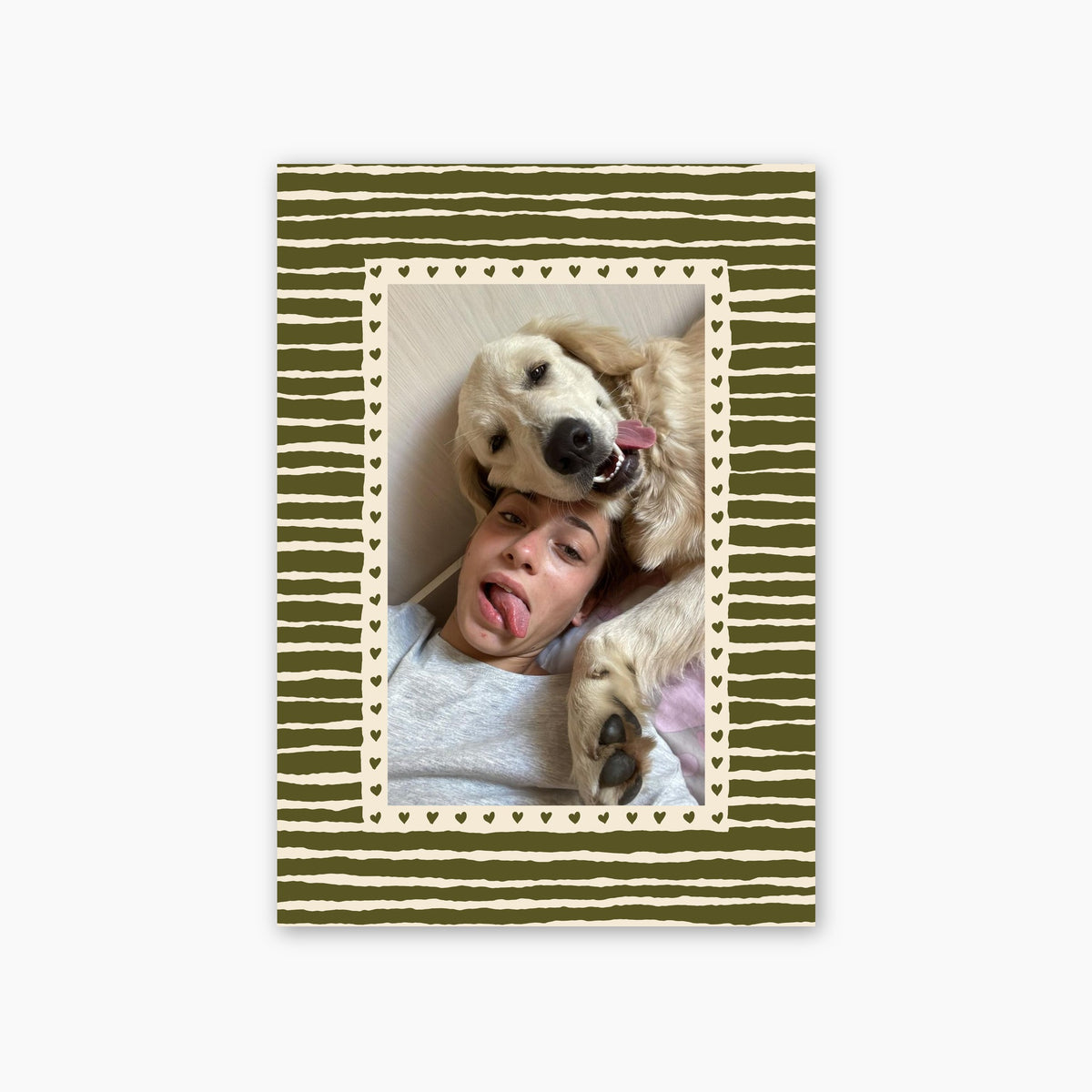 Hearts custom pet photo print in Olive Green, unframed, with an example photo