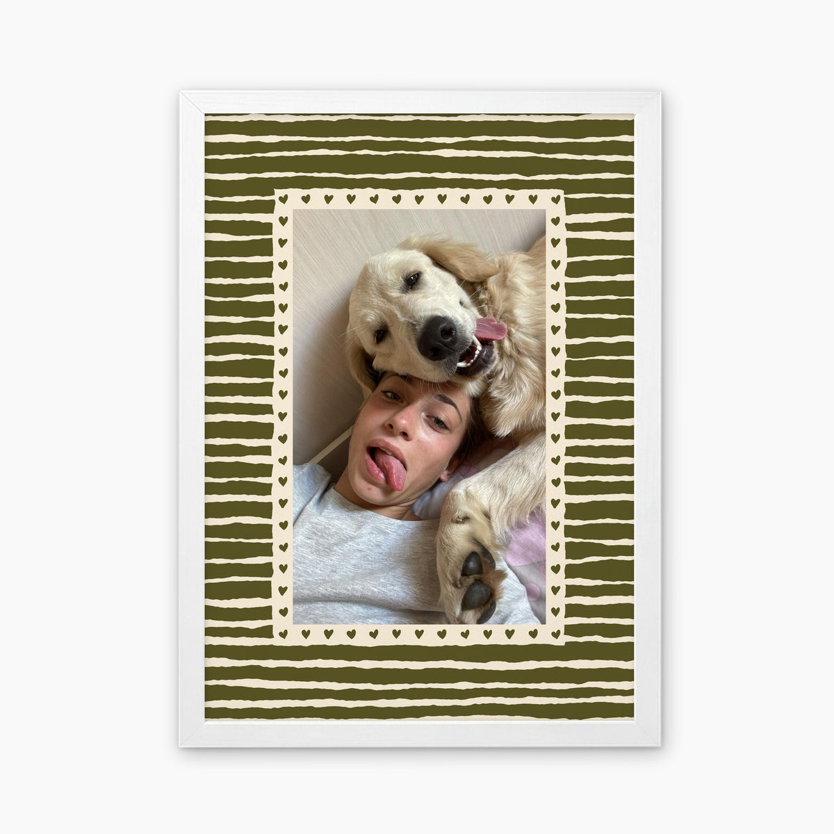 Hearts custom pet photo print in Olive Green, in a white frame, with an example photo