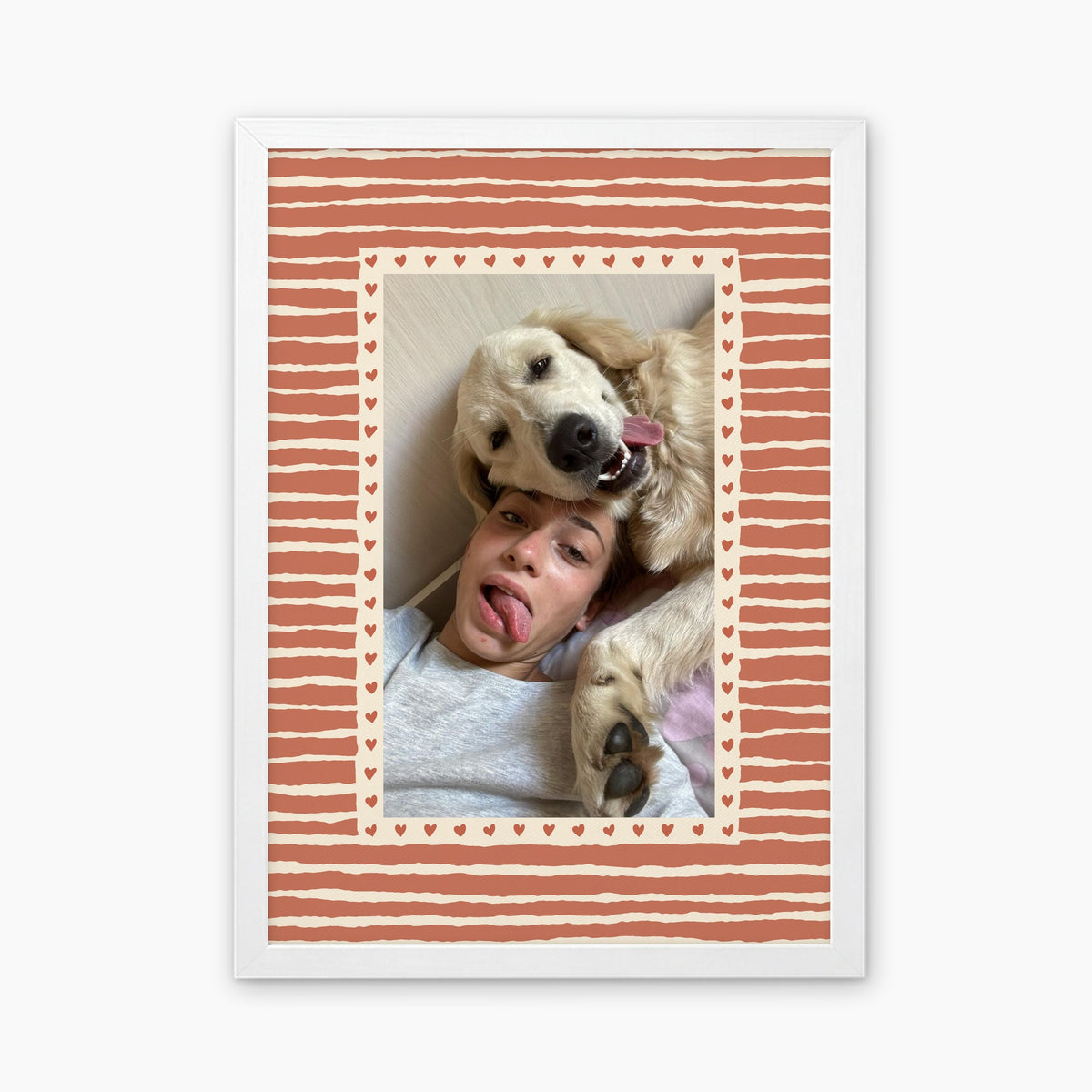 Hearts custom pet photo print in Terracotta, in a white frame, with an example photo