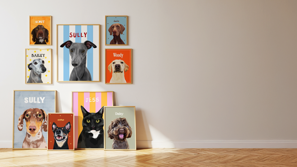 A gallery wall display of framed custom pet portraits in a bright room with light wood floors. The collection includes various dog and cat illustrations with names like Sully, Bailey, Woody, Jess, and Daisy on colorful backgrounds.