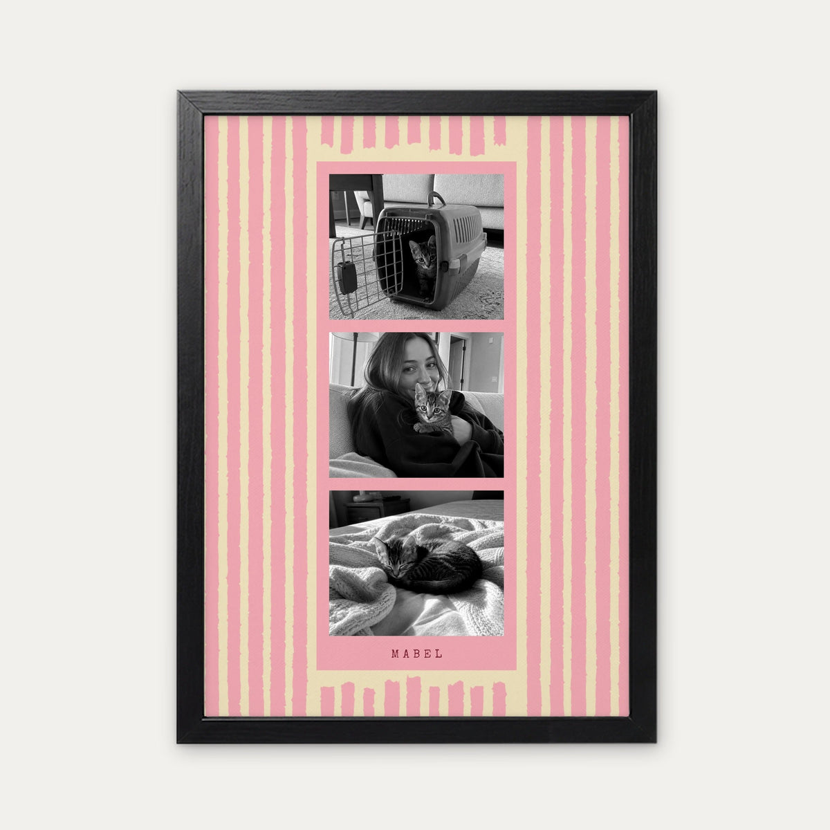 Photo strip custom pet photo print in Blush Pink, a black frame, with three black and white photos