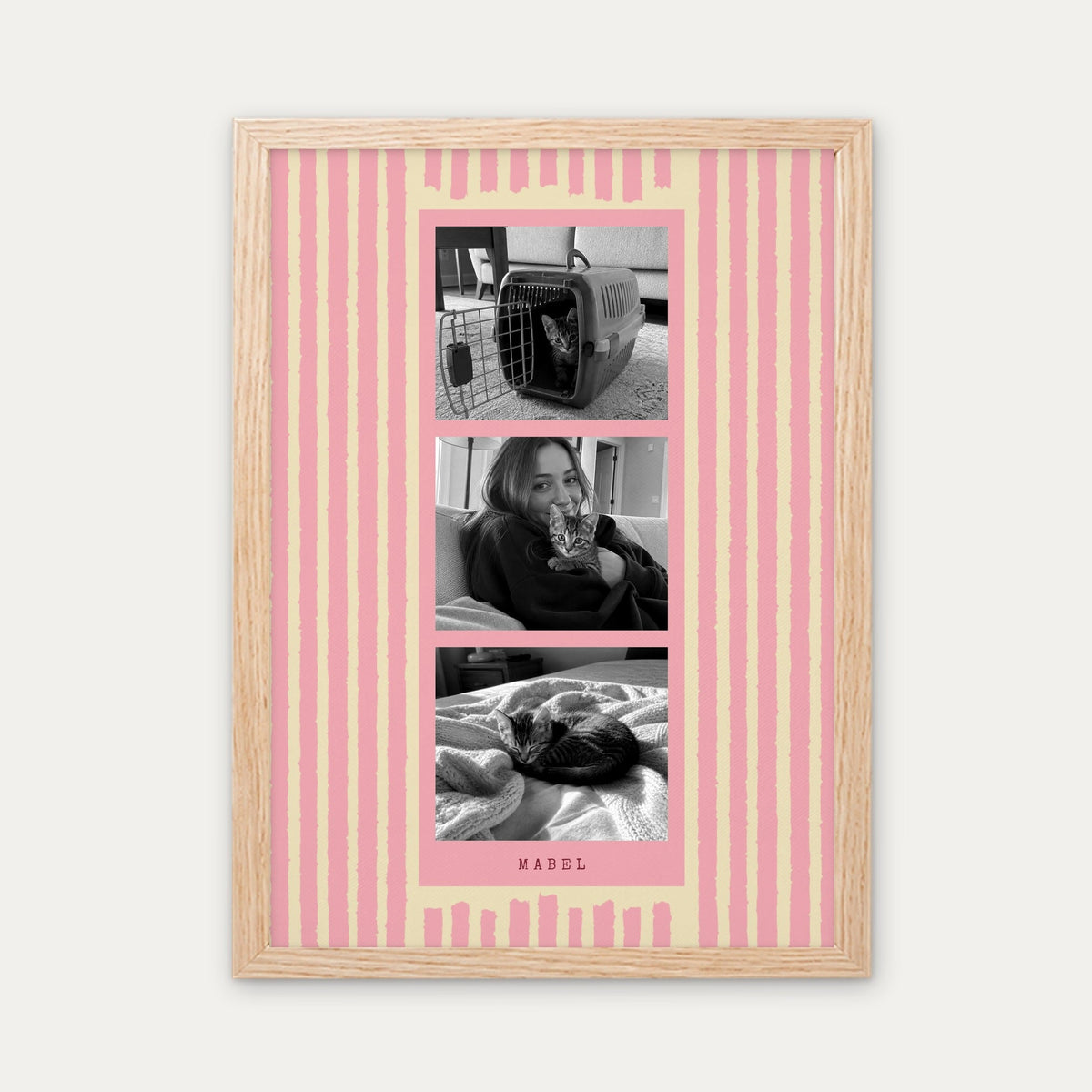 Photo strip custom pet photo print in Blush Pink, a light birch wood frame, with three black and white photos