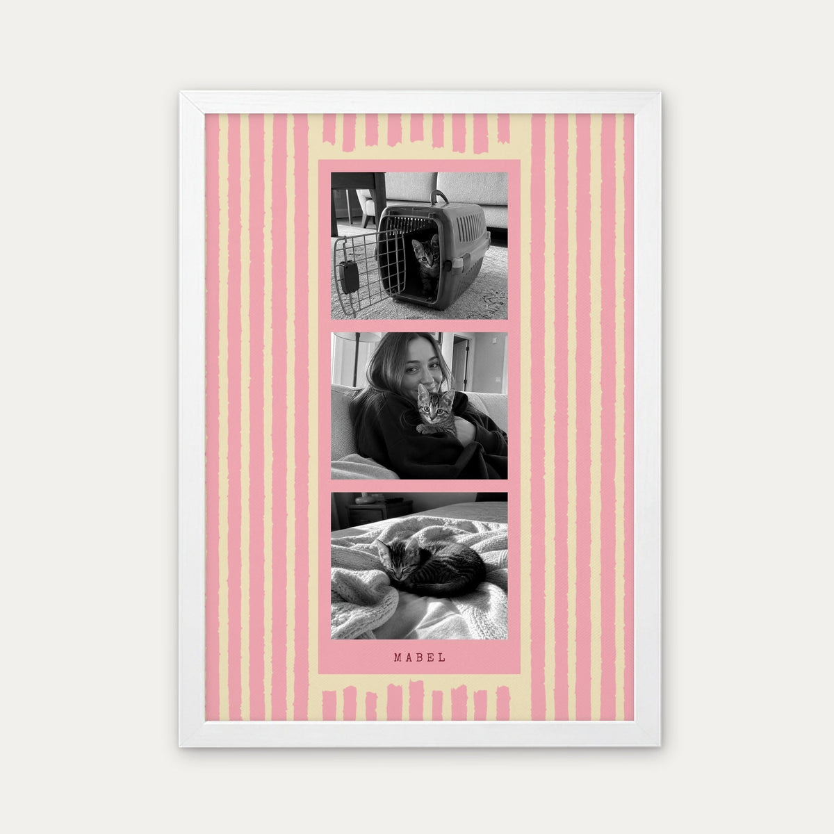 Photo strip custom pet photo print in Blush Pink, a white frame, with three black and white photos
