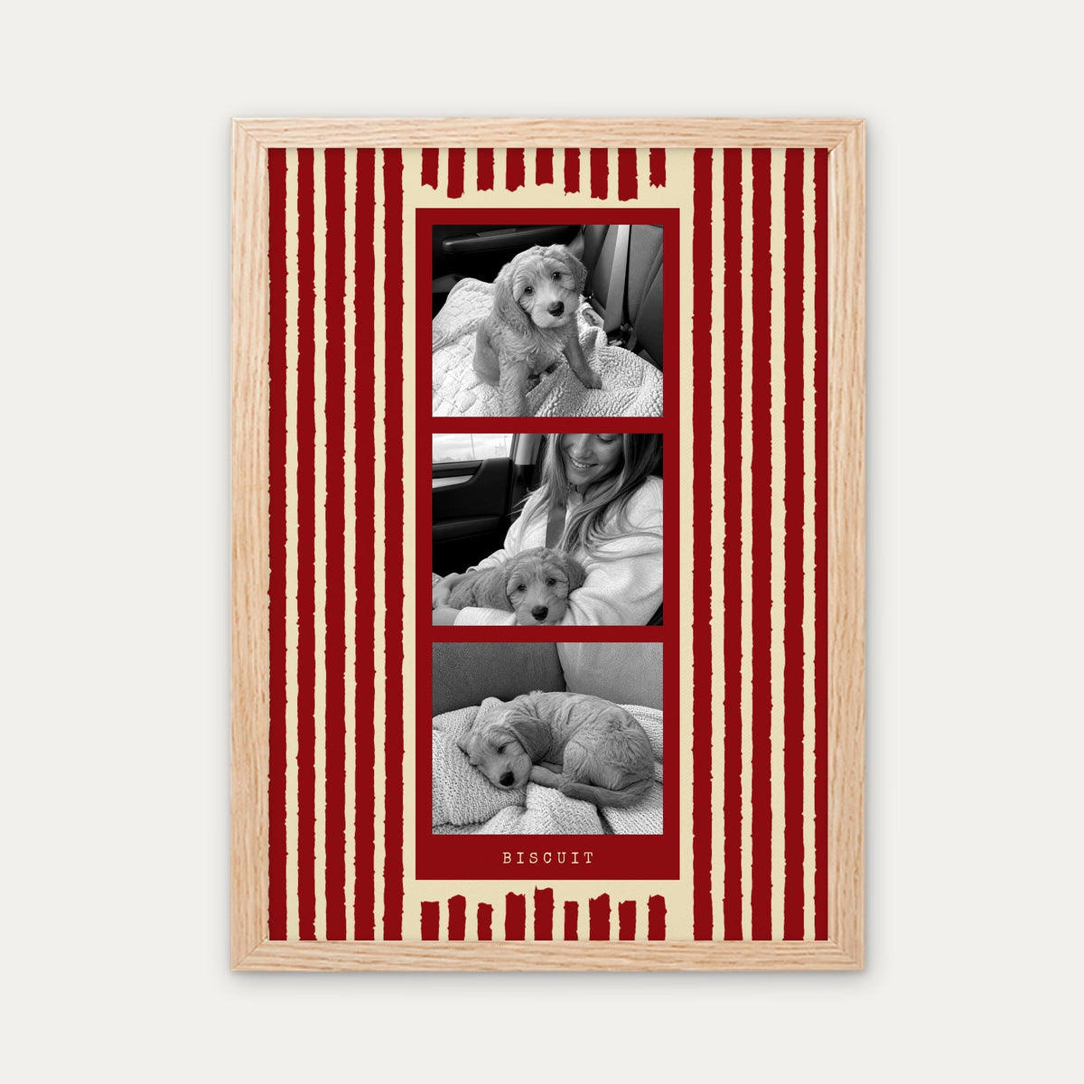 Photo strip custom pet photo print in Cherry Red, a light birch wood frame, with three black and white photos