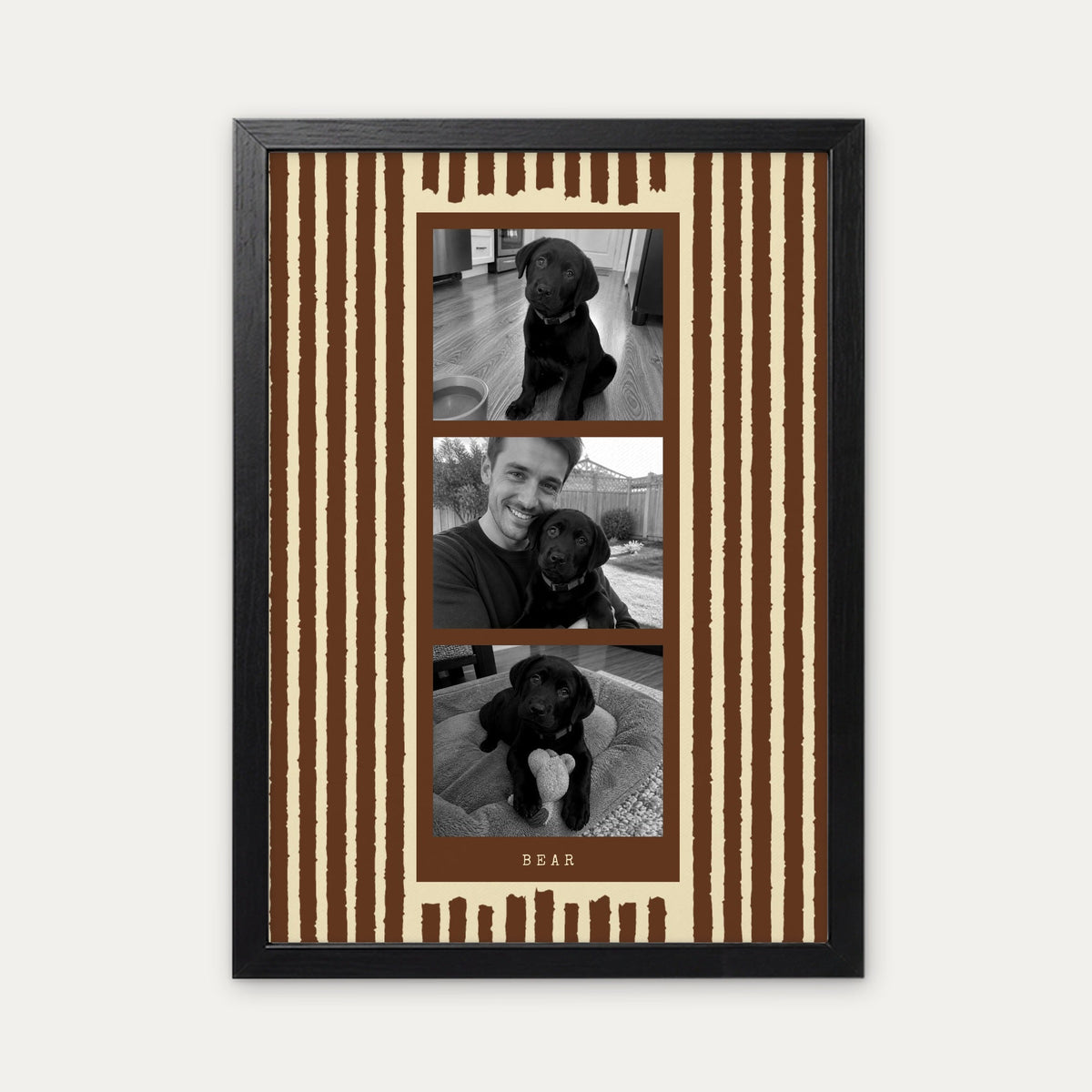 Photo strip custom pet photo print in Chocolate Brown, a black frame, with three black and white photos