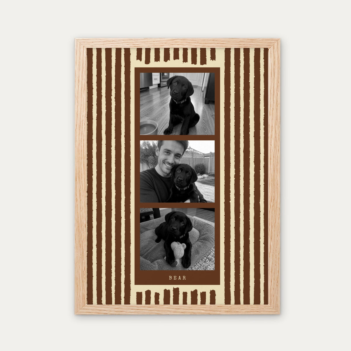 Photo strip custom pet photo print in Chocolate Brown, a light birch wood frame, with three black and white photos