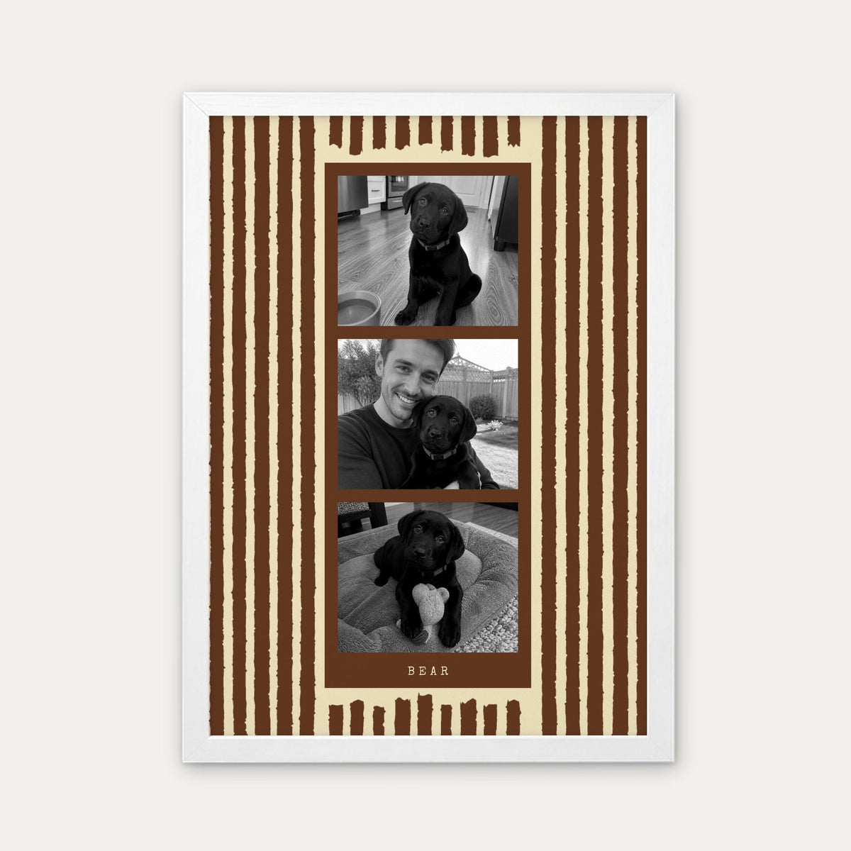Photo strip custom pet photo print in Chocolate Brown, a white frame, with three black and white photos