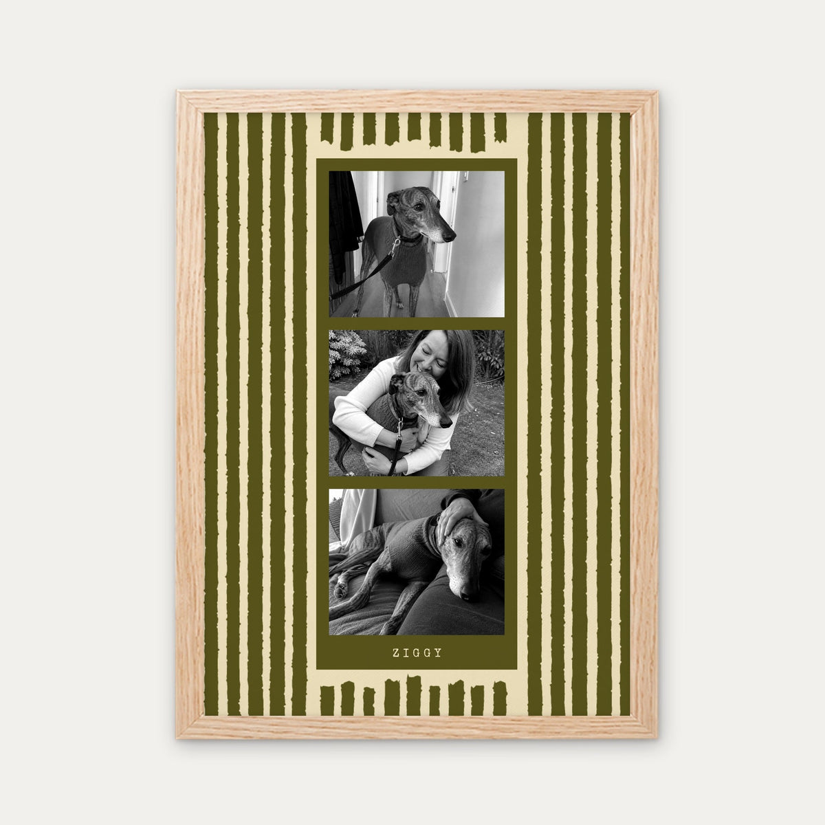 Photo strip custom pet photo print in Olive Green, a light birch wood frame, with three black and white photos