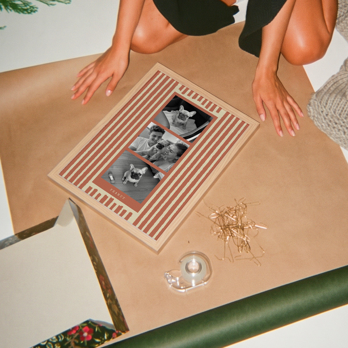 Photo strip custom pet photo print in Terracotta, in a light birch wood frame, laid on brown paper