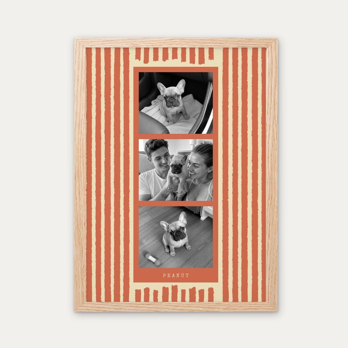 Photo strip custom pet photo print in Terracotta, a light birch wood frame, with three black and white photos