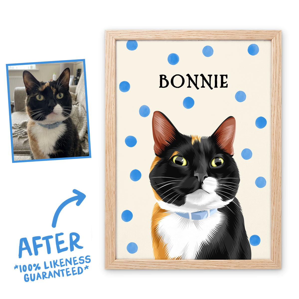 Blue Polka Dots pet portrait of Bonnie the cat in a light birch frame, before and after, 100% likeness guaranteed