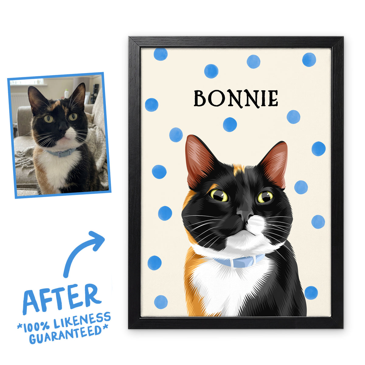 Blue Polka Dots pet portrait of Bonnie the cat in a black frame, before and after, 100% likeness guaranteed
