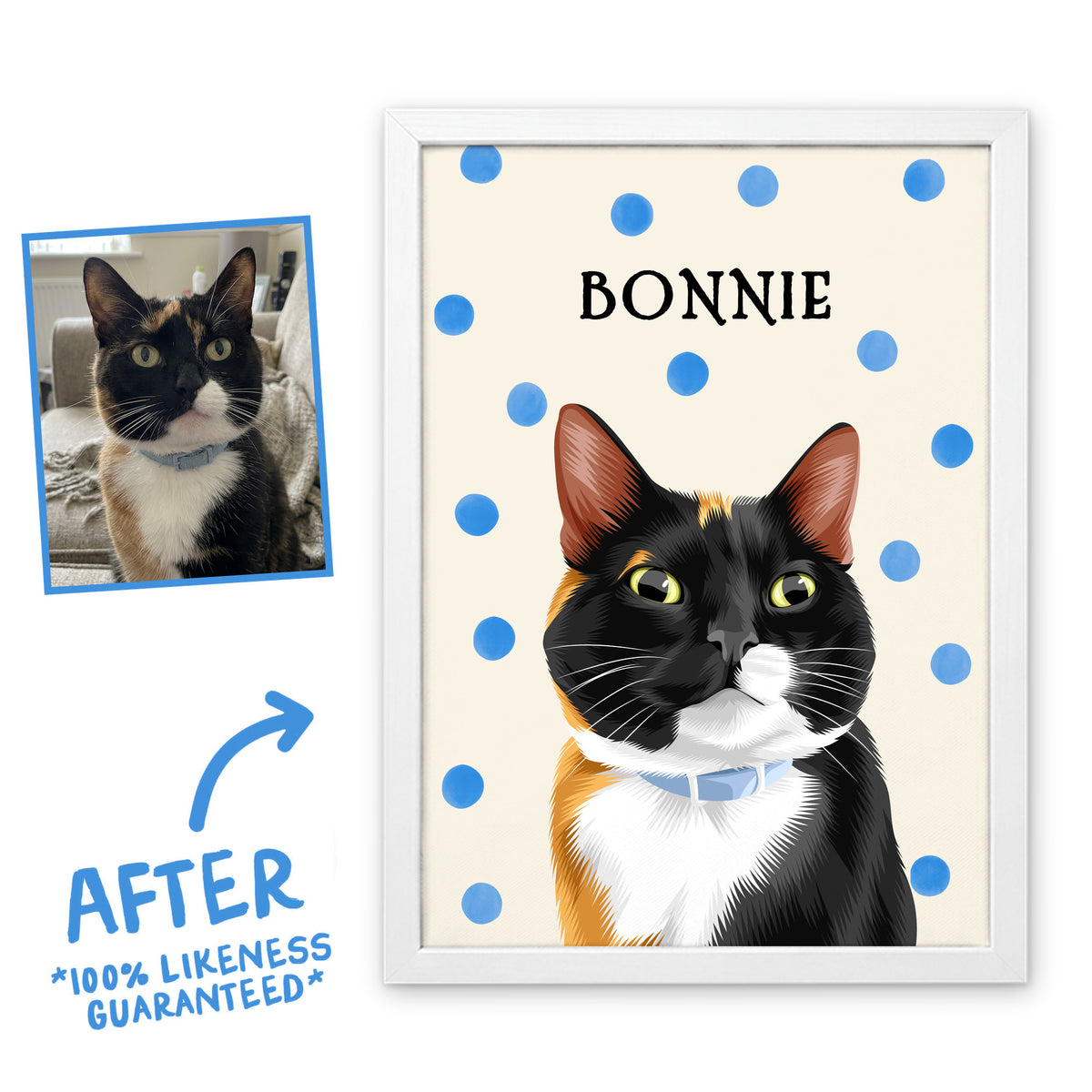 Blue Polka Dots pet portrait of Bonnie the cat in a white frame, before and after, 100% likeness guaranteed