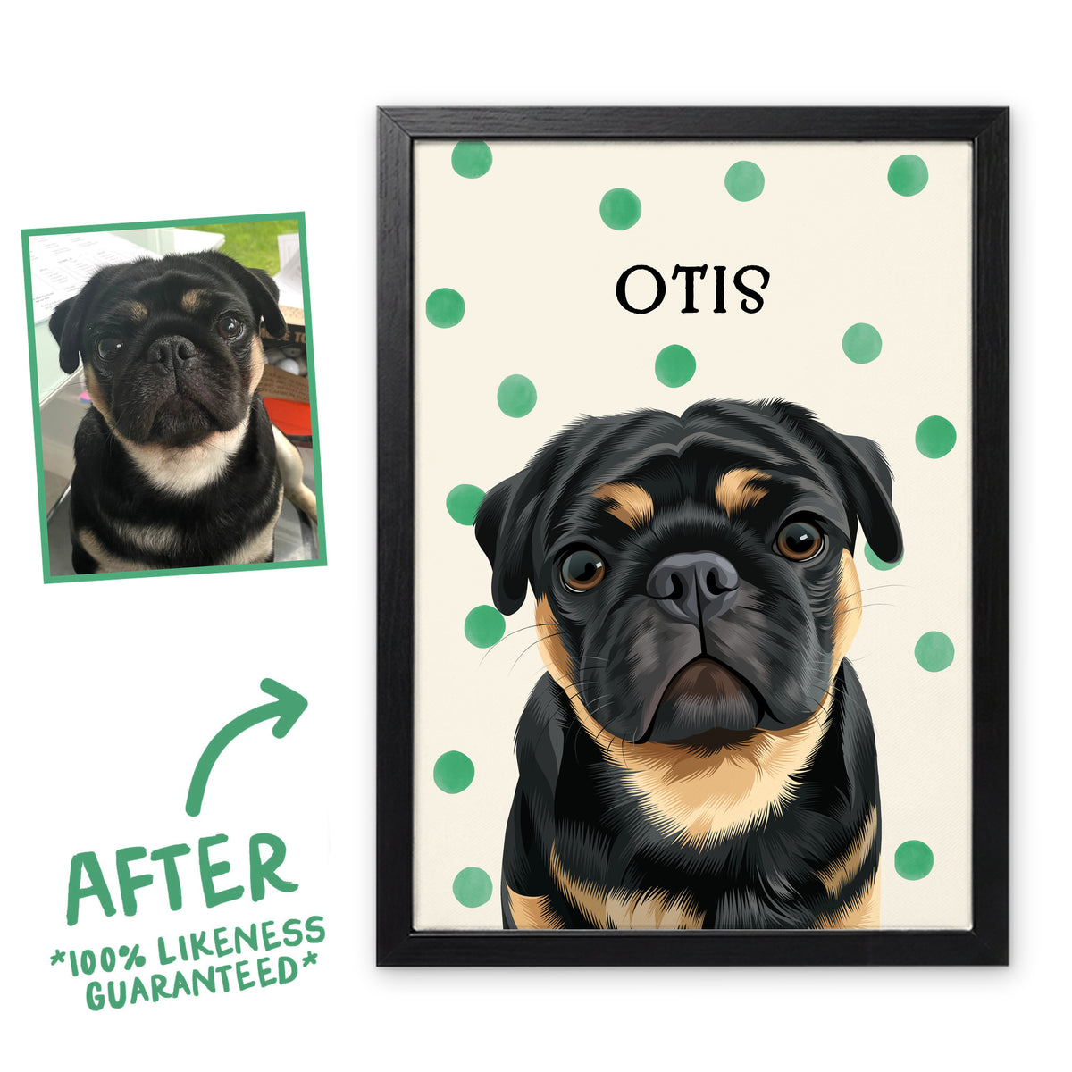 Green Polka Dots pet portrait of Otis in a black frame, before and after, 100% likeness guaranteed