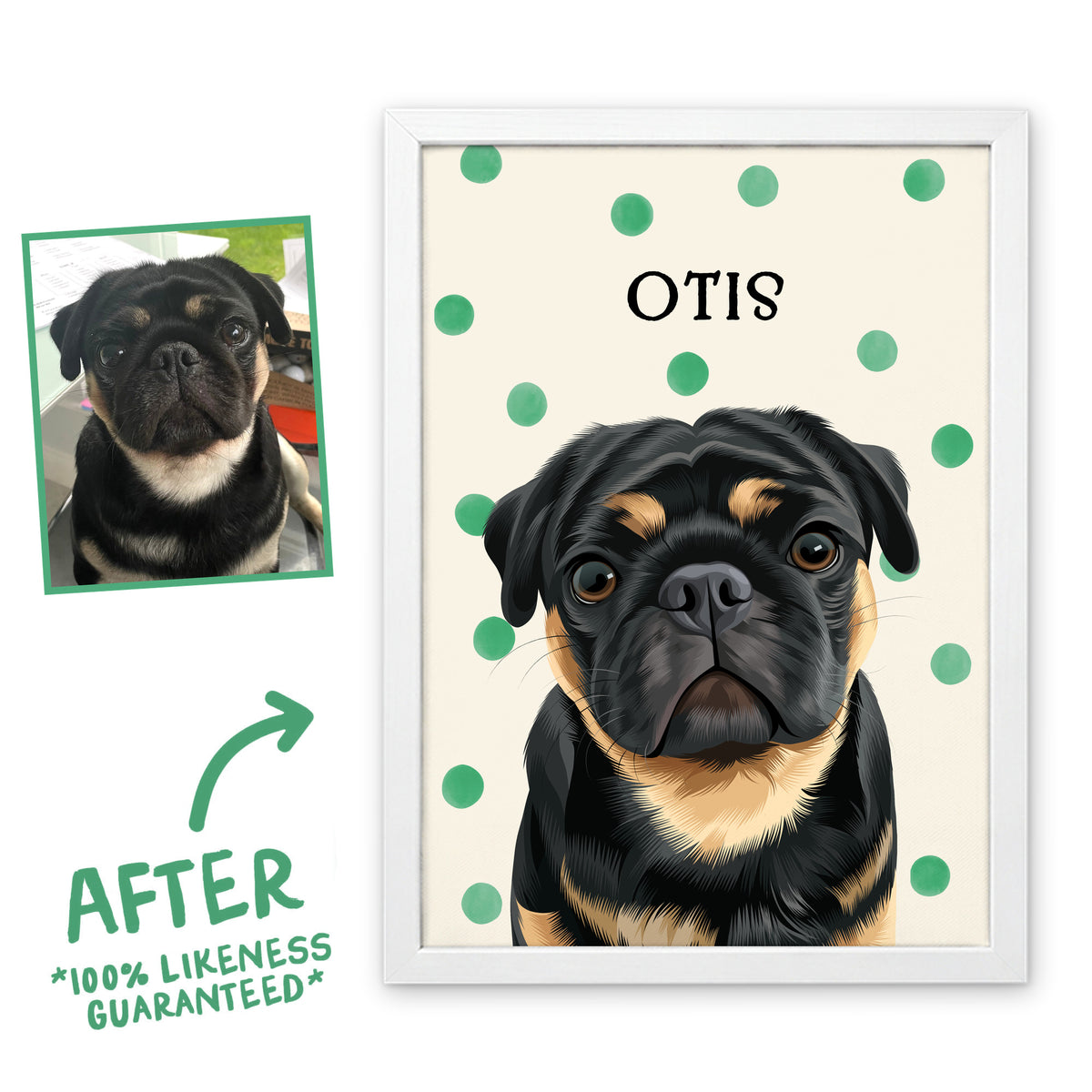 Green Polka Dots pet portrait of Otis in a white frame, before and after, 100% likeness guaranteed