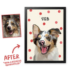 Red Polka Dots pet portrait of Seb in a black frame, before and after, 100% likeness guaranteed
