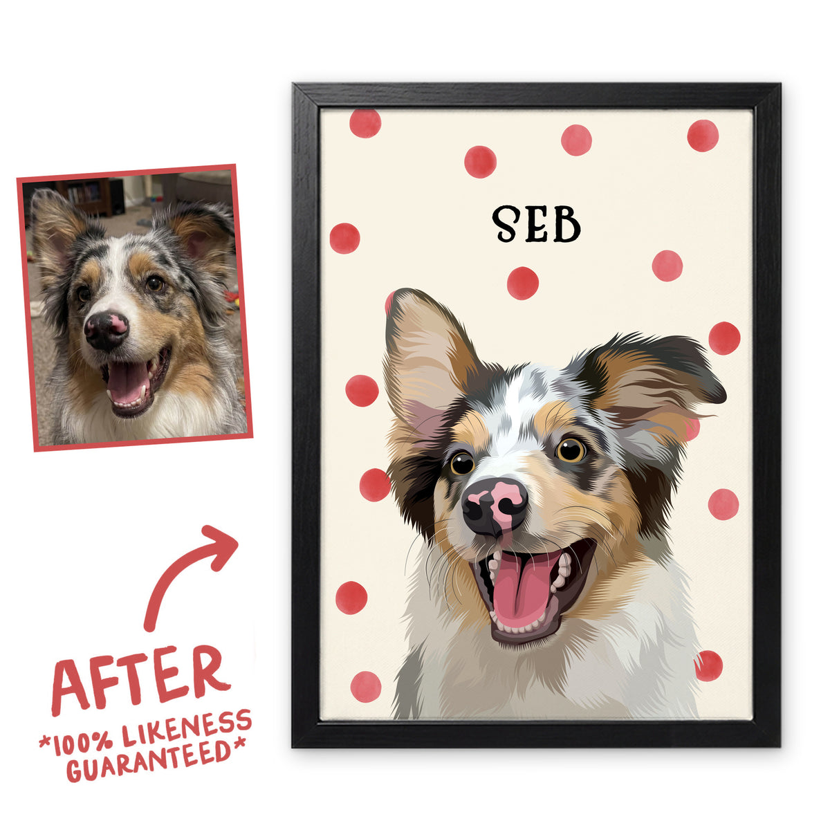 Red Polka Dots pet portrait of Seb in a black frame, before and after, 100% likeness guaranteed