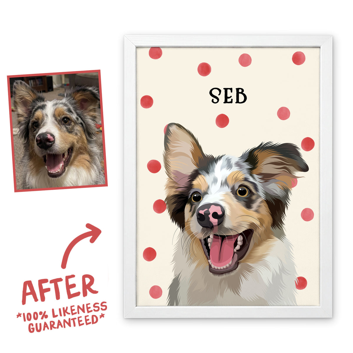 Red Polka Dots pet portrait of Seb in a white frame, before and after, 100% likeness guaranteed