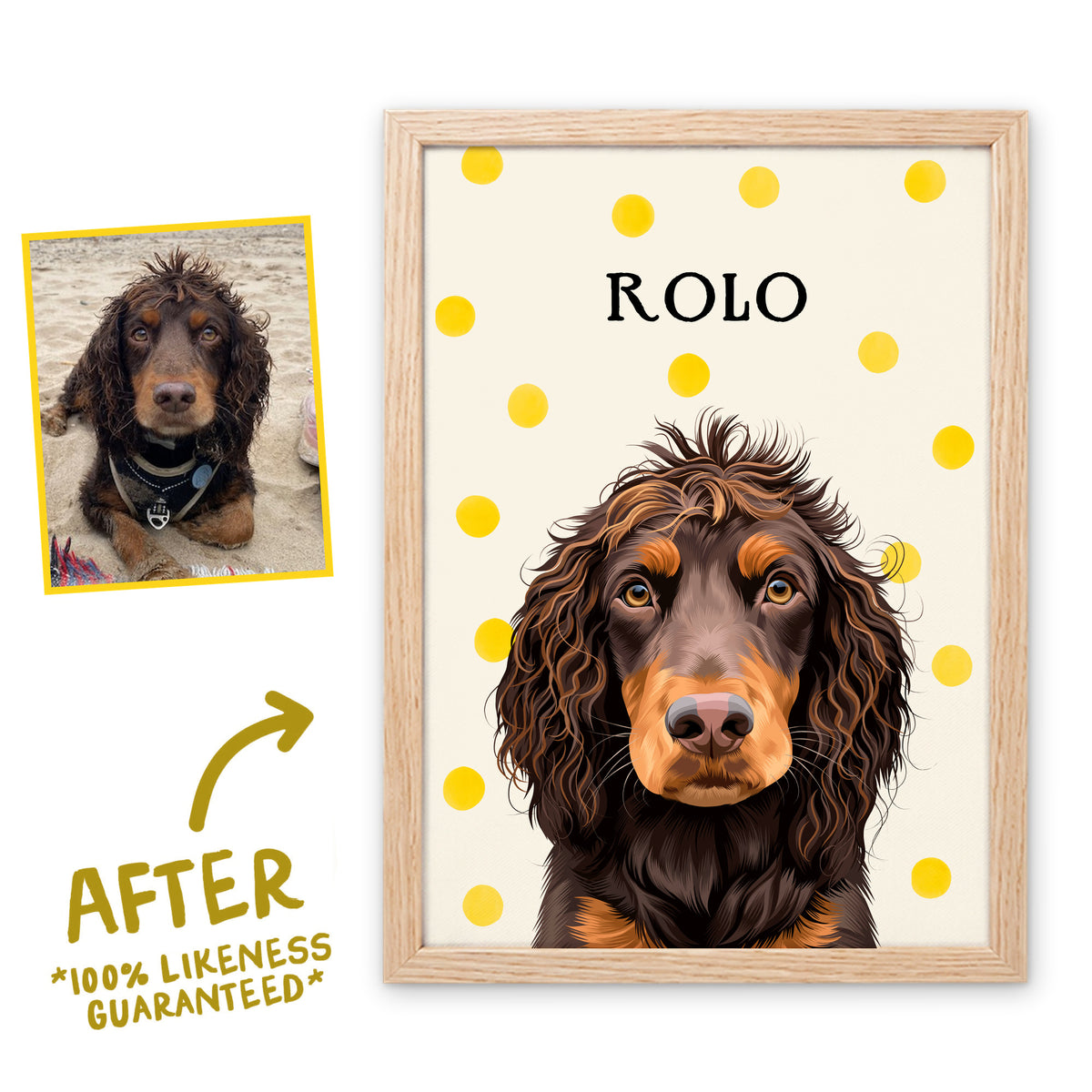 Yellow Polka Dots pet portrait of Rolo in a light birch frame, before and after, 100% likeness guaranteed