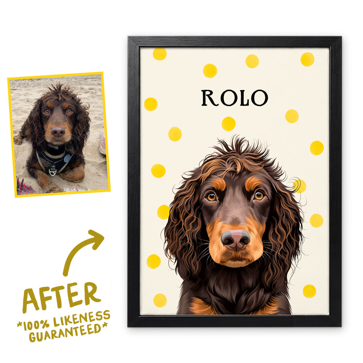 Yellow Polka Dots pet portrait of Rolo in a black frame, before and after, 100% likeness guaranteed