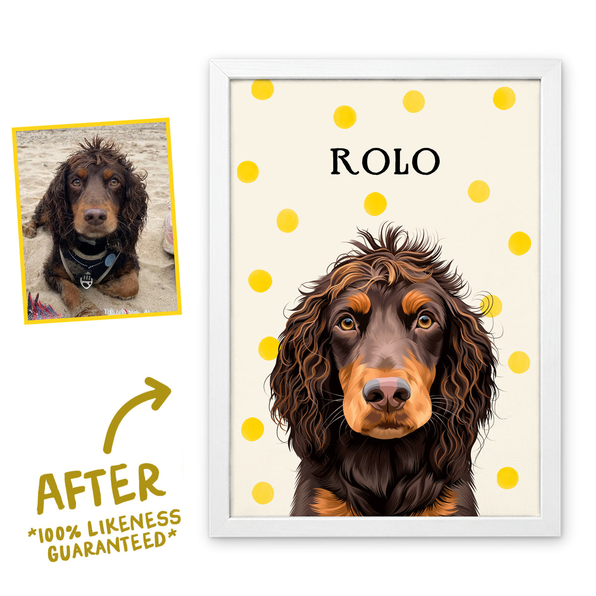 Yellow Polka Dots pet portrait of Rolo in a white frame, before and after, 100% likeness guaranteed