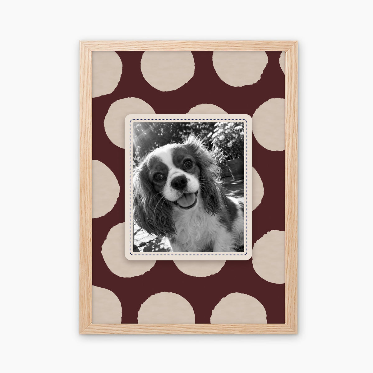 Painted Dots custom pet photo print in a light birch wood frame