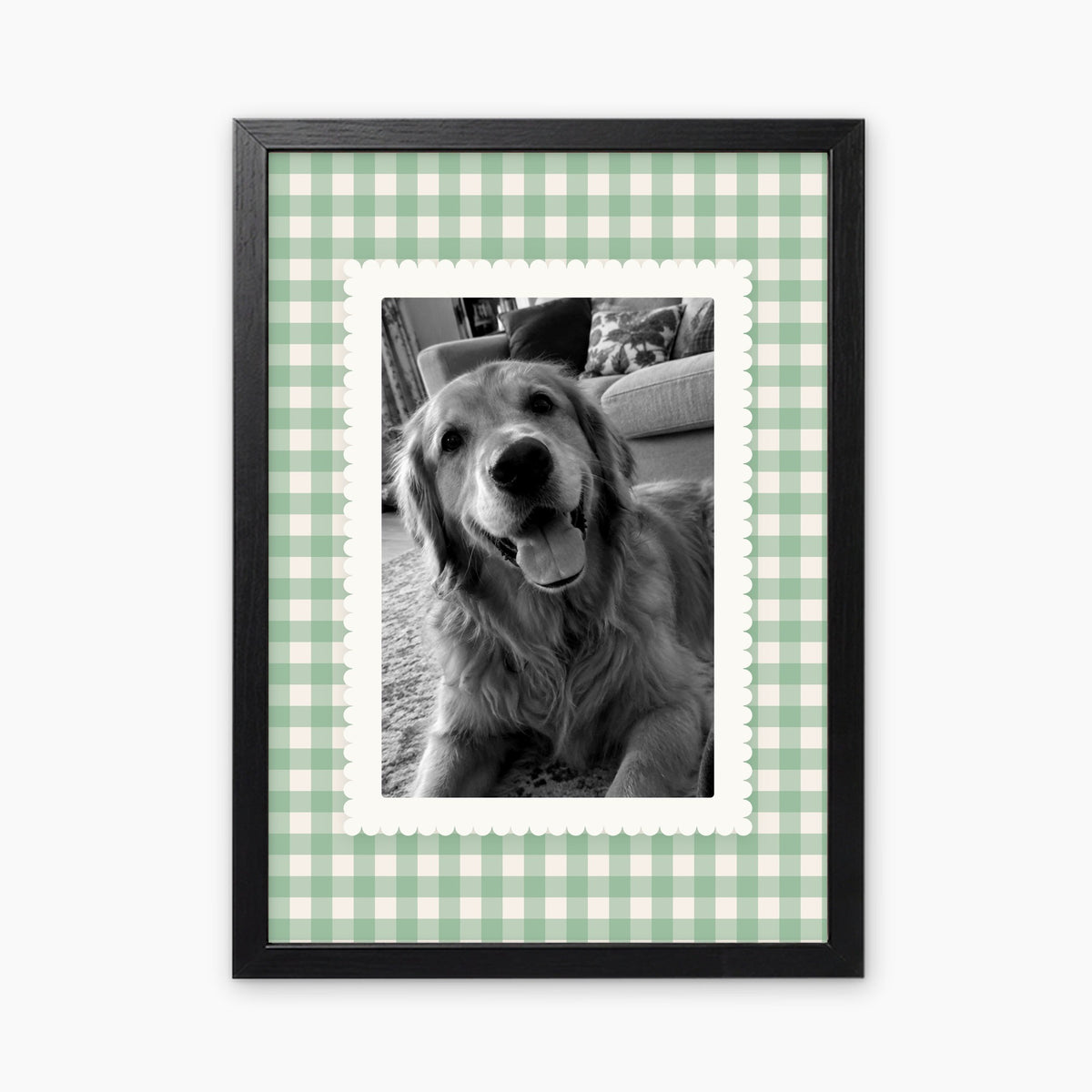 Gingham custom pet photo print in a black frame
