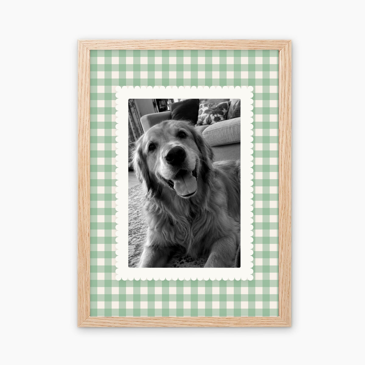 Gingham custom pet photo print in a light birch wood frame