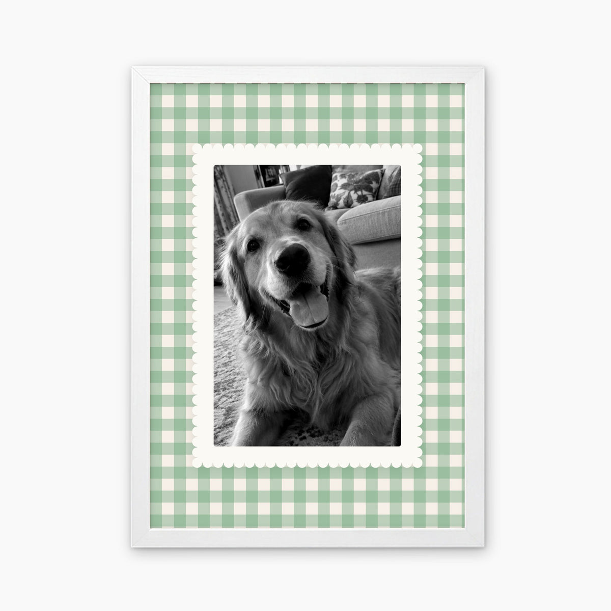Gingham custom pet photo print in a white frame