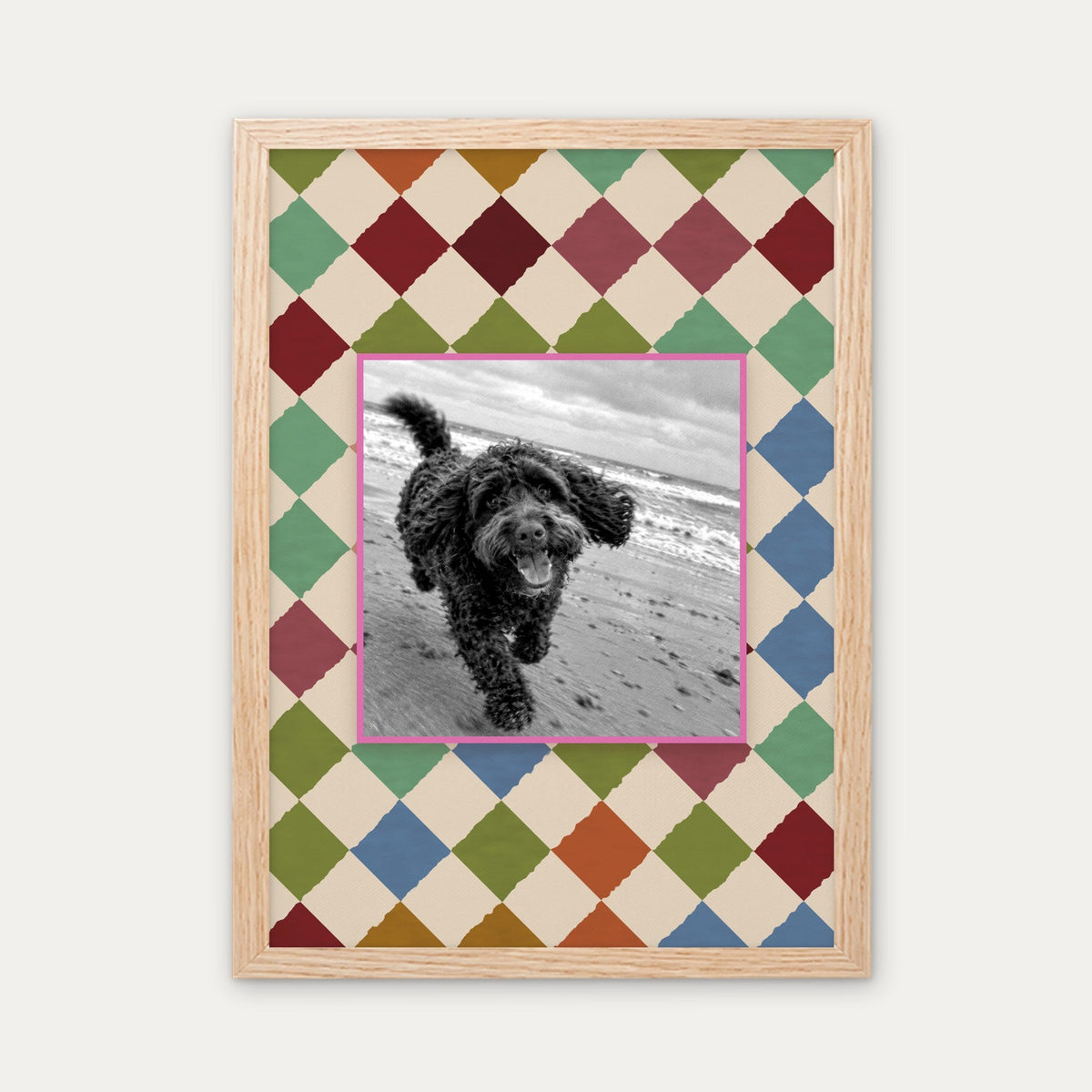 Harlequin custom pet photo print in a light birch wood frame