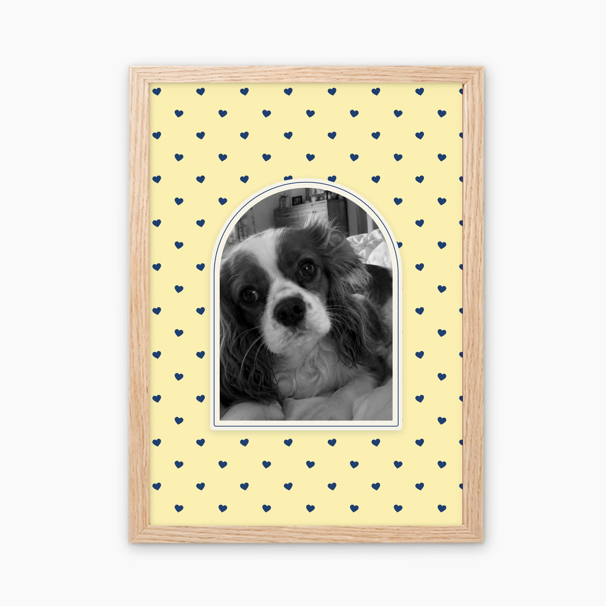 Little Hearts custom pet photo print in a light birch wood frame