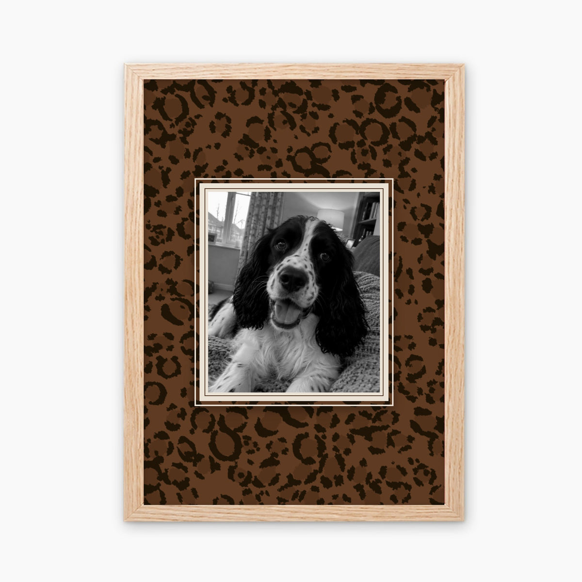Leopard custom pet photo print in a light birch wood frame